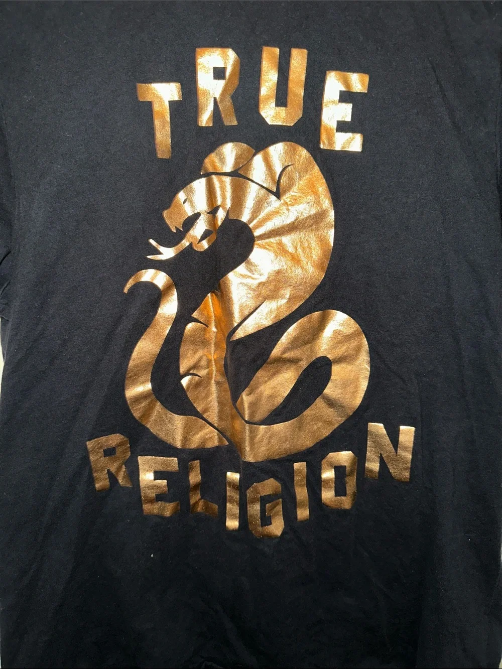 True Religion Black Tee with Metallic Gold Snake Graphic